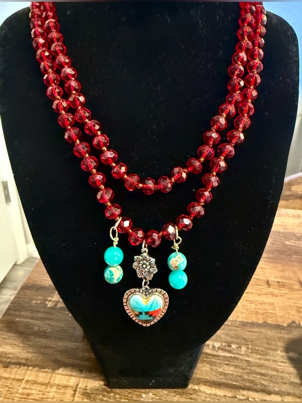 Red Beaded Necklace with Turquoise Heart Pendant and matching bracelet